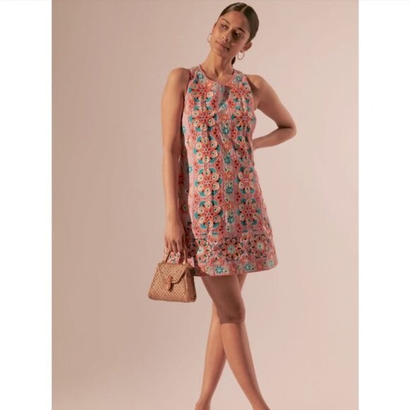 Anthropologie Dresses & Skirts - Anthropologie Embroidered & Appliqued Dress - Pink with Multicolor Floral Size 0